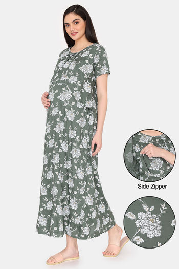 Buy Coucou Maternity Woven Full Length Nightdress With Side Zipper And Discreet Feeding - Rifle Green
